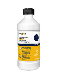 A white bottle with a black cap labeled "Whirlpool Water Softener Cleanser." It sits against a plain background. Additional text includes usage instructions and quantity, "16 FL OZ (473 mL)."