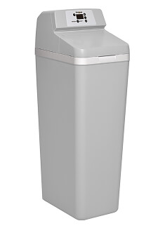 Tall, rectangular water softener standing upright with a digital control panel on top; light gray color, set against a white background.